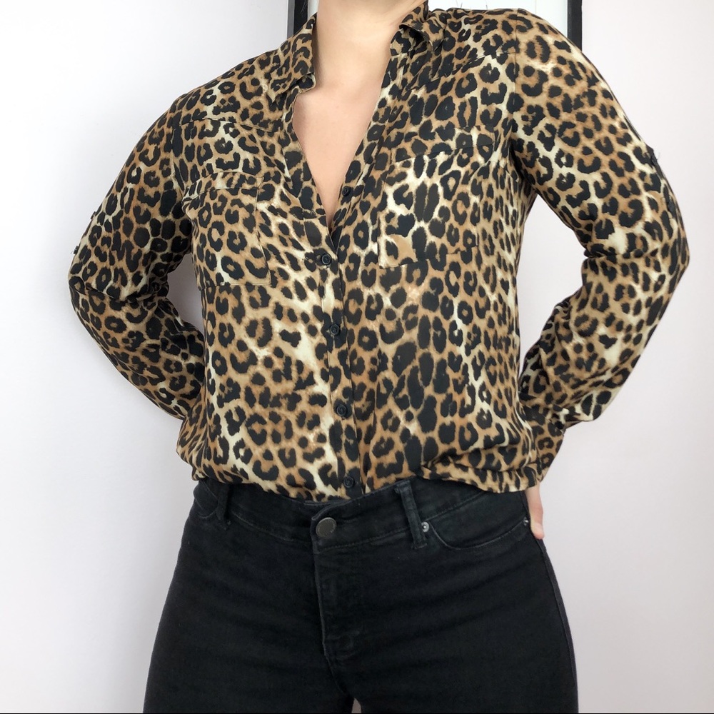 Express Leopard Print Button Down Blouse Small